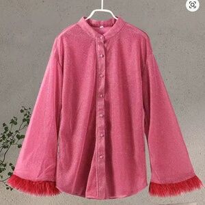 Shiny Long Sleeve Feather Button Down Shirt - Small
